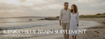Couple walking barefoot along a beach at sunset, smiling at each other, with the text “Kenko Blue Brain Supplement Protocols in Gauteng” overlaid across the lower part of the image.