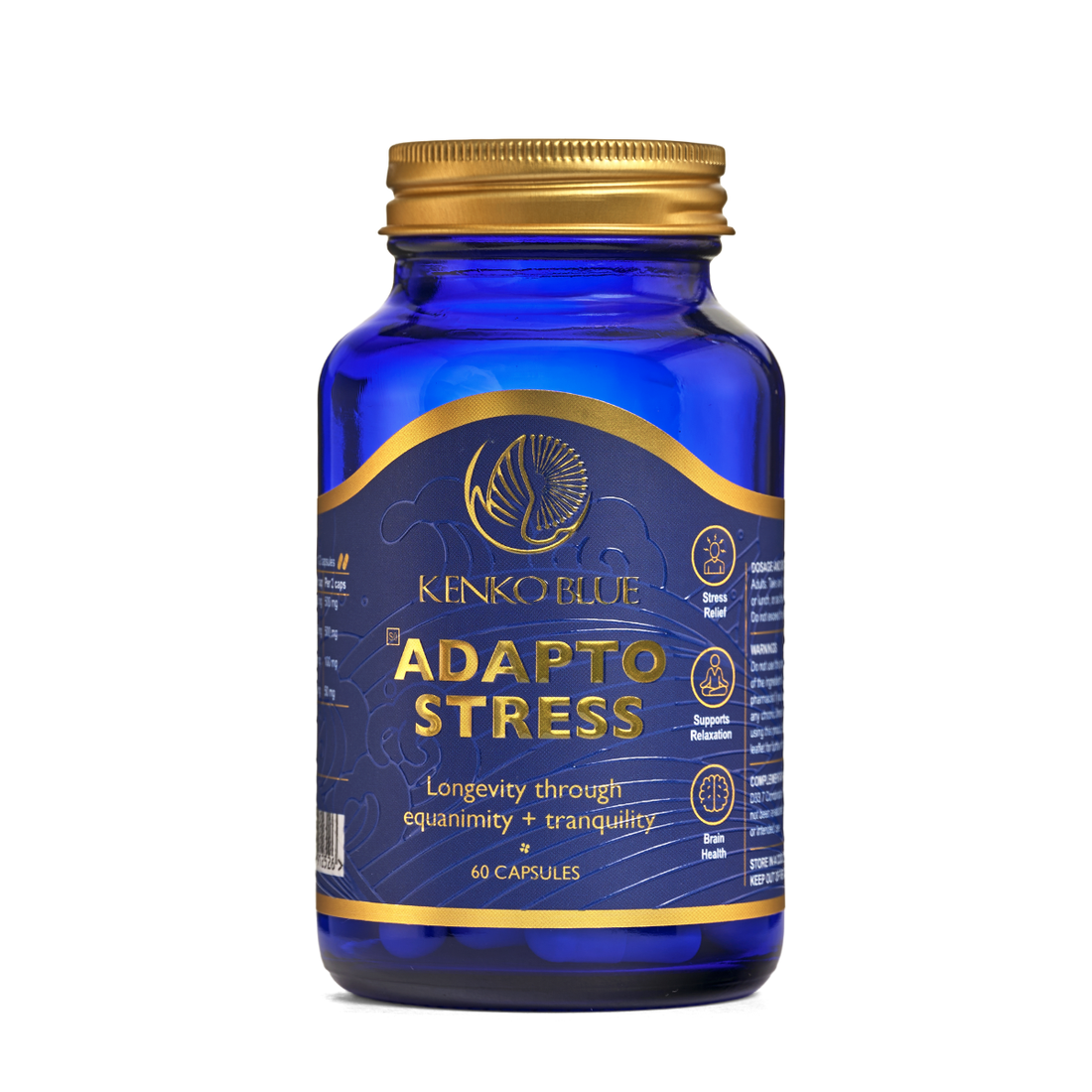 Blue bottle of Kenko Blue Adapto Stress supplement with gold cap on a white background