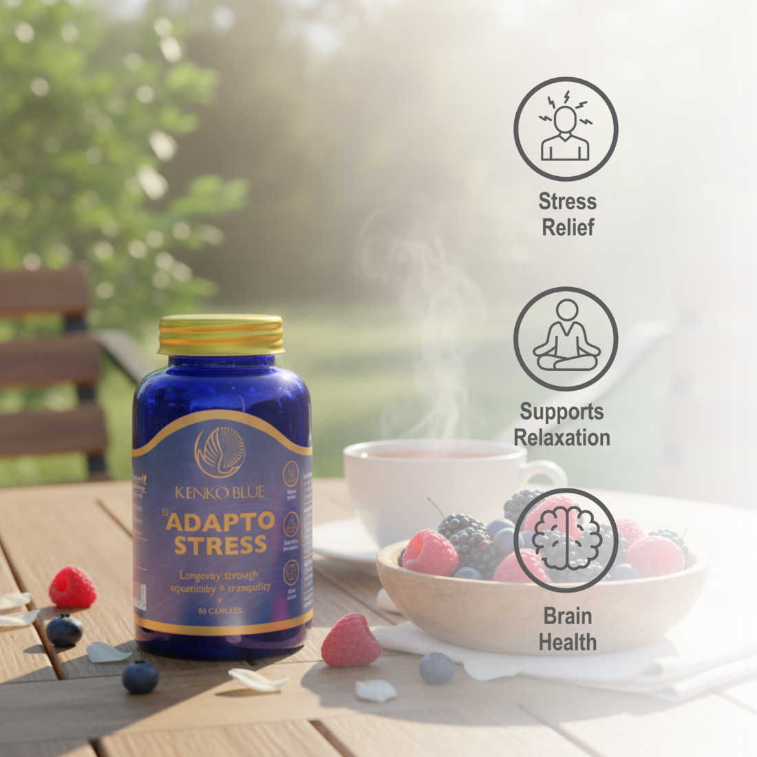 Blue bottle of Kenko Blue Adapto Stress supplement with gold cap on a white background