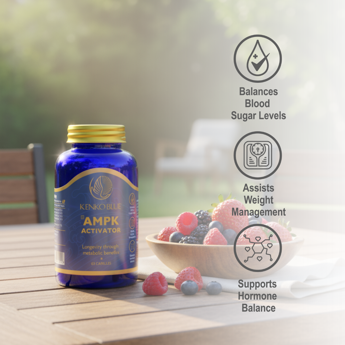 Blue supplement bottle labeled 'AMPK Activator' on a wooden table with berries and outdoor background