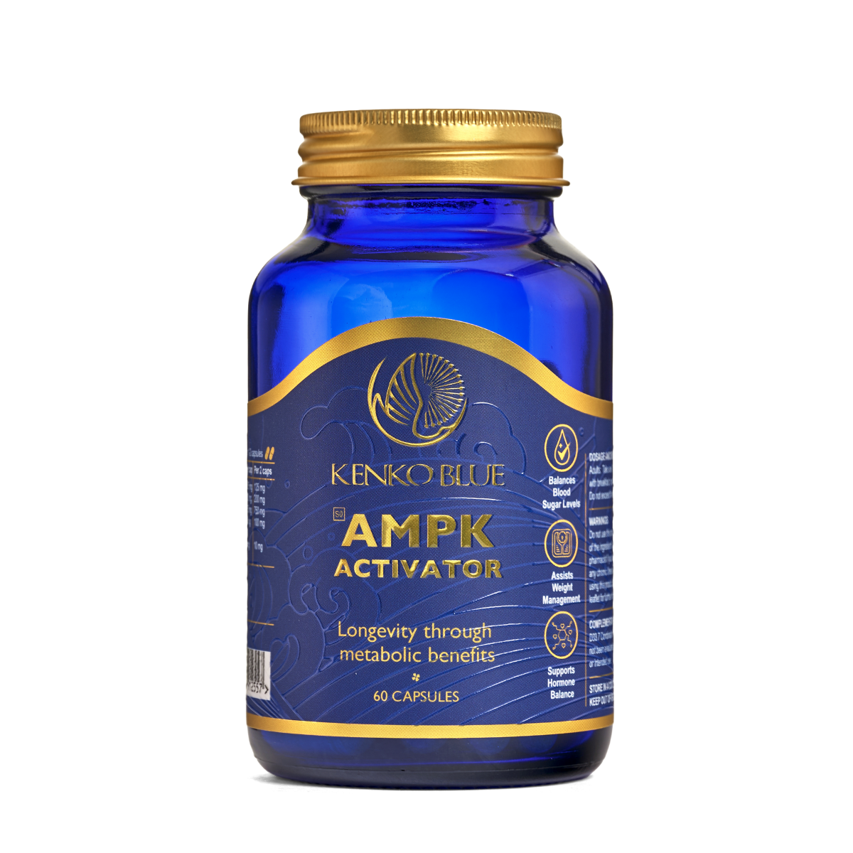 Blue supplement bottle with gold cap labeled 'Kenko Blue AMPK Activator' on a white background