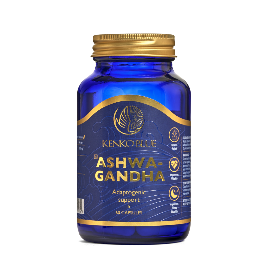 Blue supplement bottle labeled 'Ashwa-Gandha' with gold accents on a white background