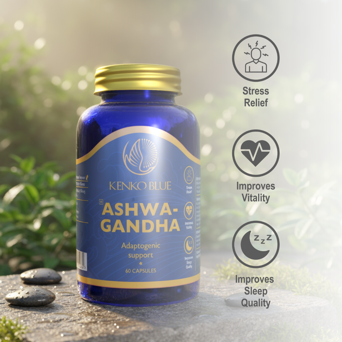 Blue bottle of Kenko Blue Ashwa-Gandha supplement with outdoor background