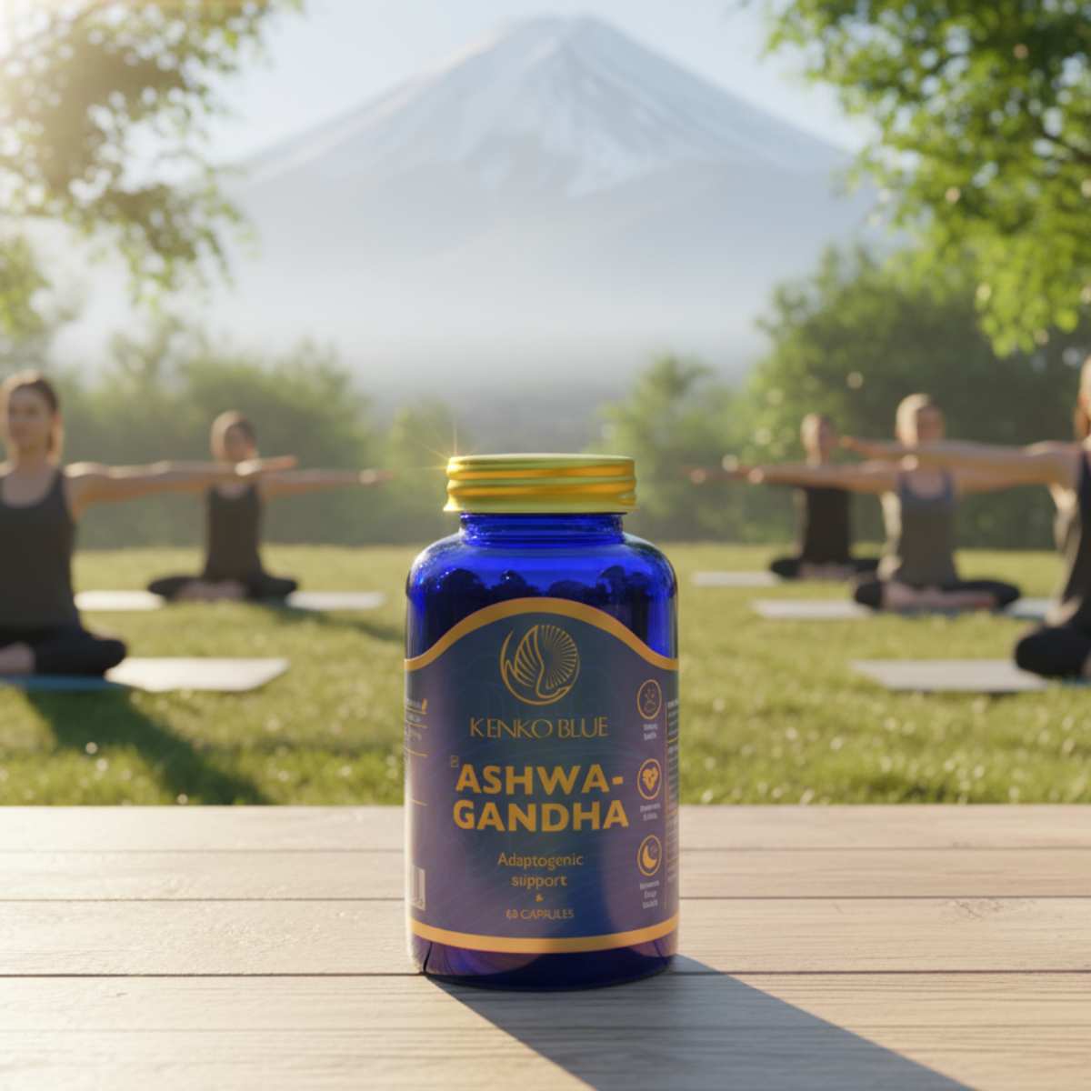 Kenko Blue Ashwagandha supplement bottle on a wooden surface with people doing yoga in the background.