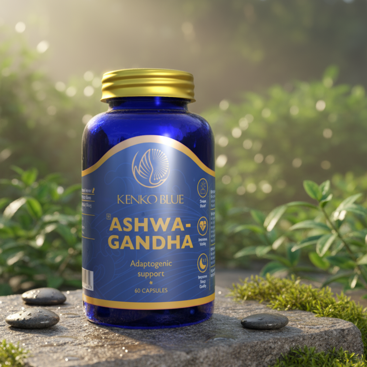 Blue bottle of Kenko Blue Ashwa-Gandha supplement on a stone surface with greenery in the background
