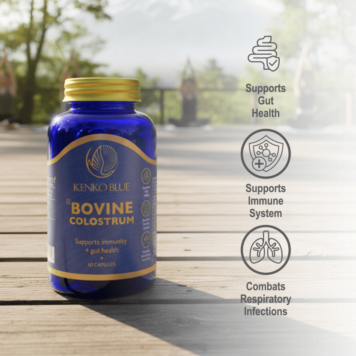 Blue bottle of Kenko Blue Bovine Colostrum with outdoor background