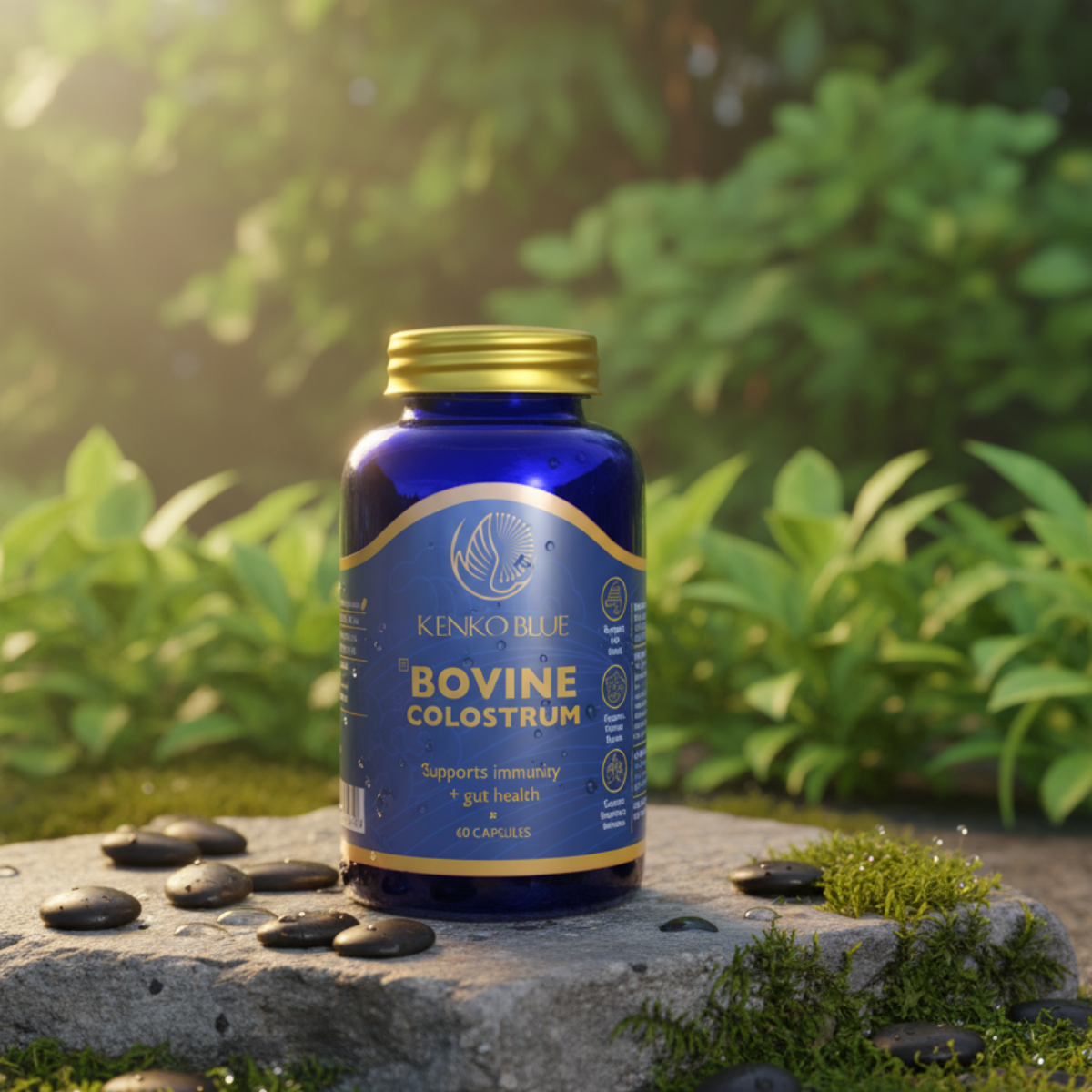 Blue bottle of Kenko Blue Bovine Colostrum supplement on a stone surface with greenery in the background