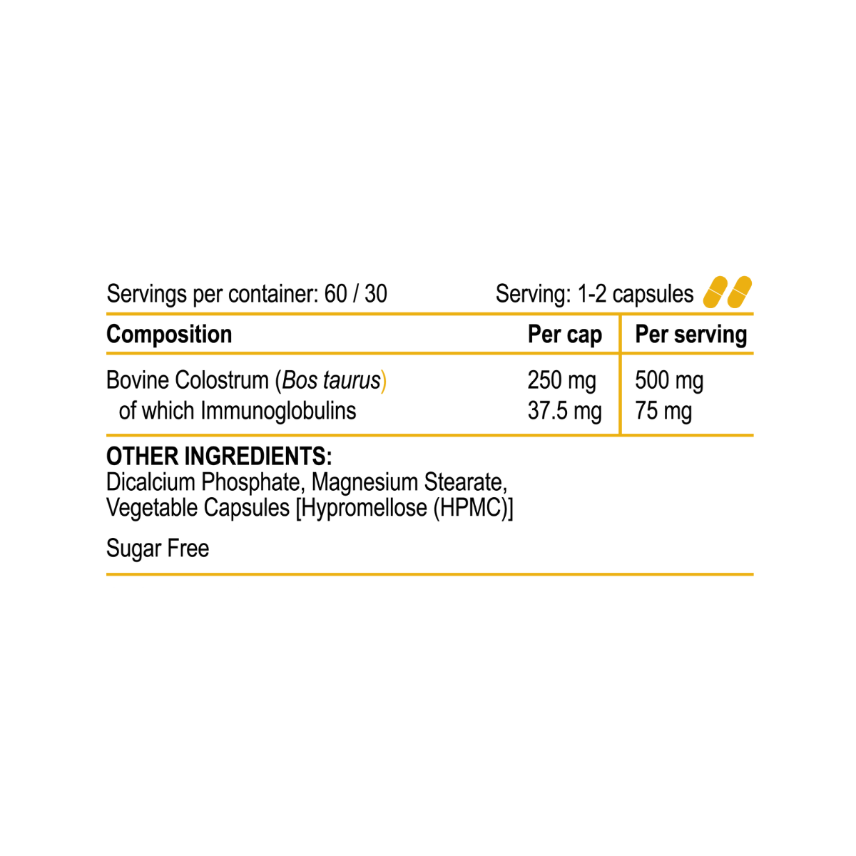Nutritional label for a supplement with ingredients and serving information.