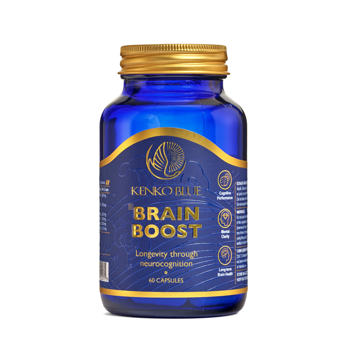 Blue supplement bottle labeled 'Brain Boost' by Kenko Blue on a white background