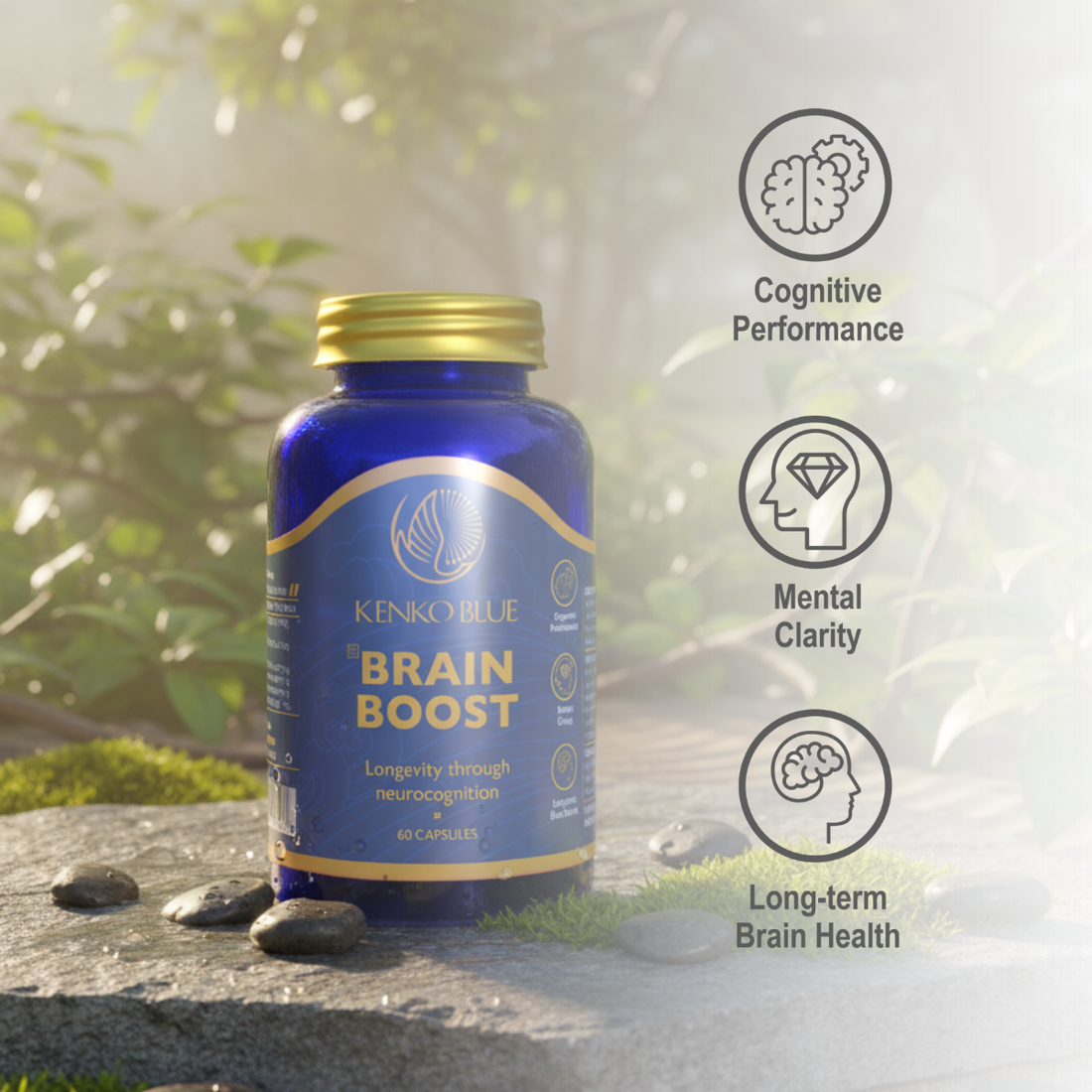 Blue supplement bottle labeled 'Brain Boost' by Kenko Blue on a white background