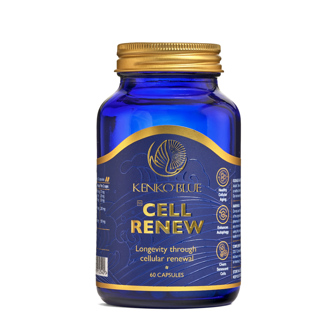 Blue supplement bottle labeled 'Cell Renew' by Kenko Blue on a white background
