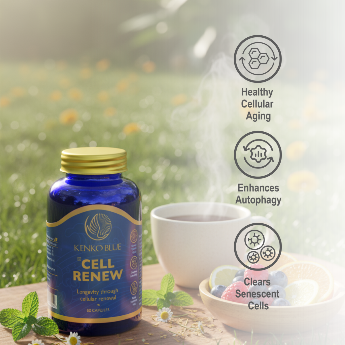 Kenko Blue Cell Renew supplement bottle with tea and nature background