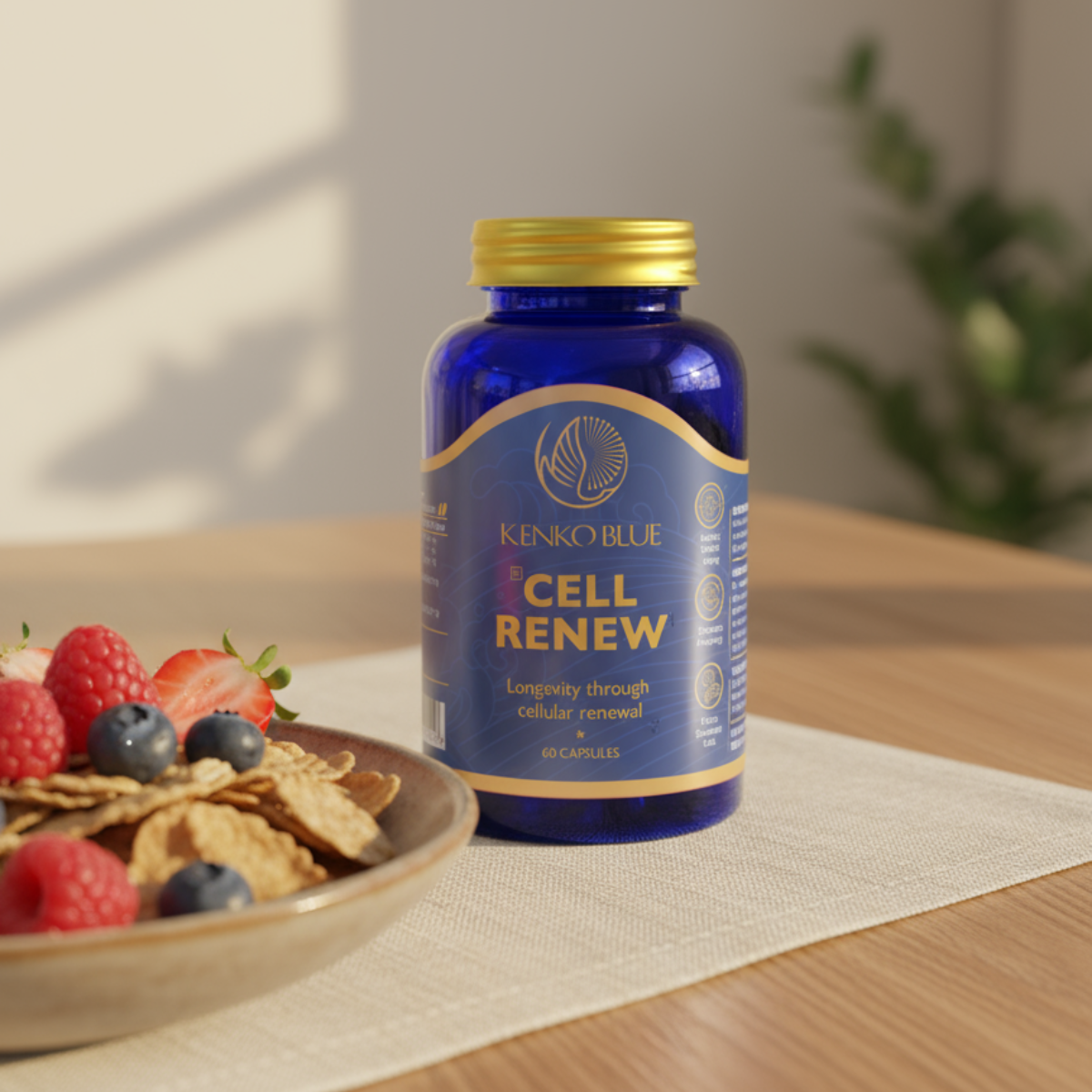 Blue supplement bottle labeled 'Cell Renew' by Kenko Blue on a table with a bowl of cereal and berries.
