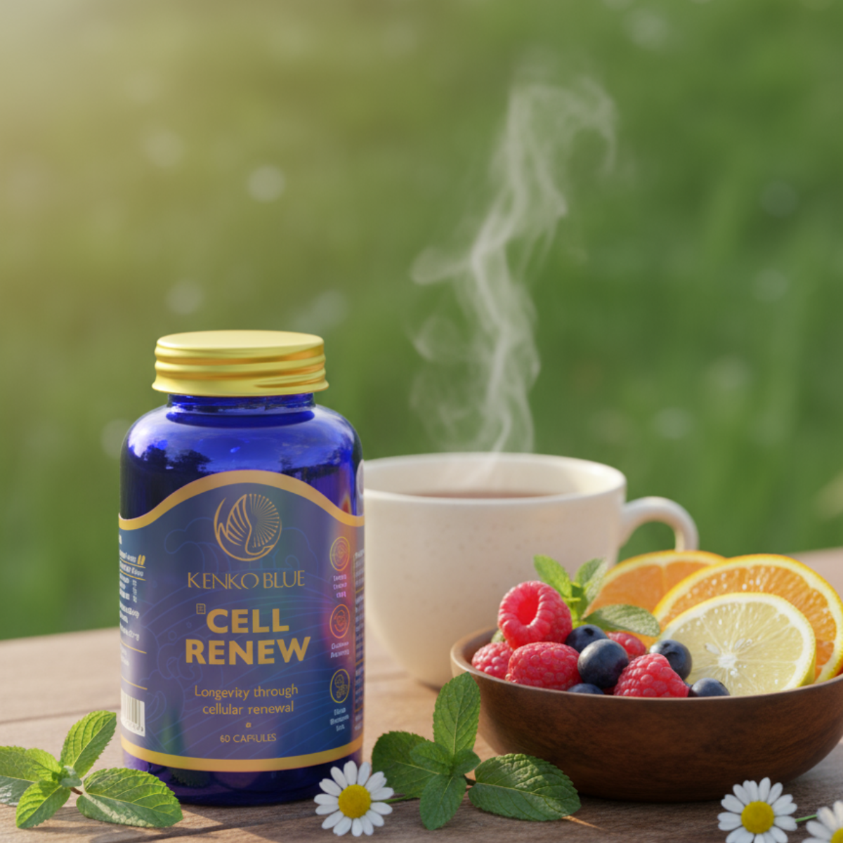 Kenko Blue Cell Renew supplement bottle with a cup of tea and fruits on a wooden table.