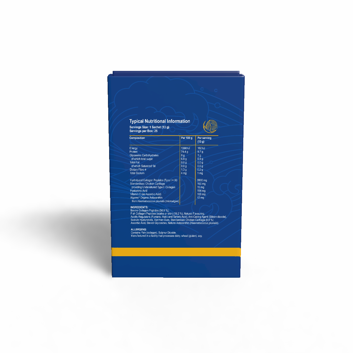 Blue packaging with nutritional information on a white background