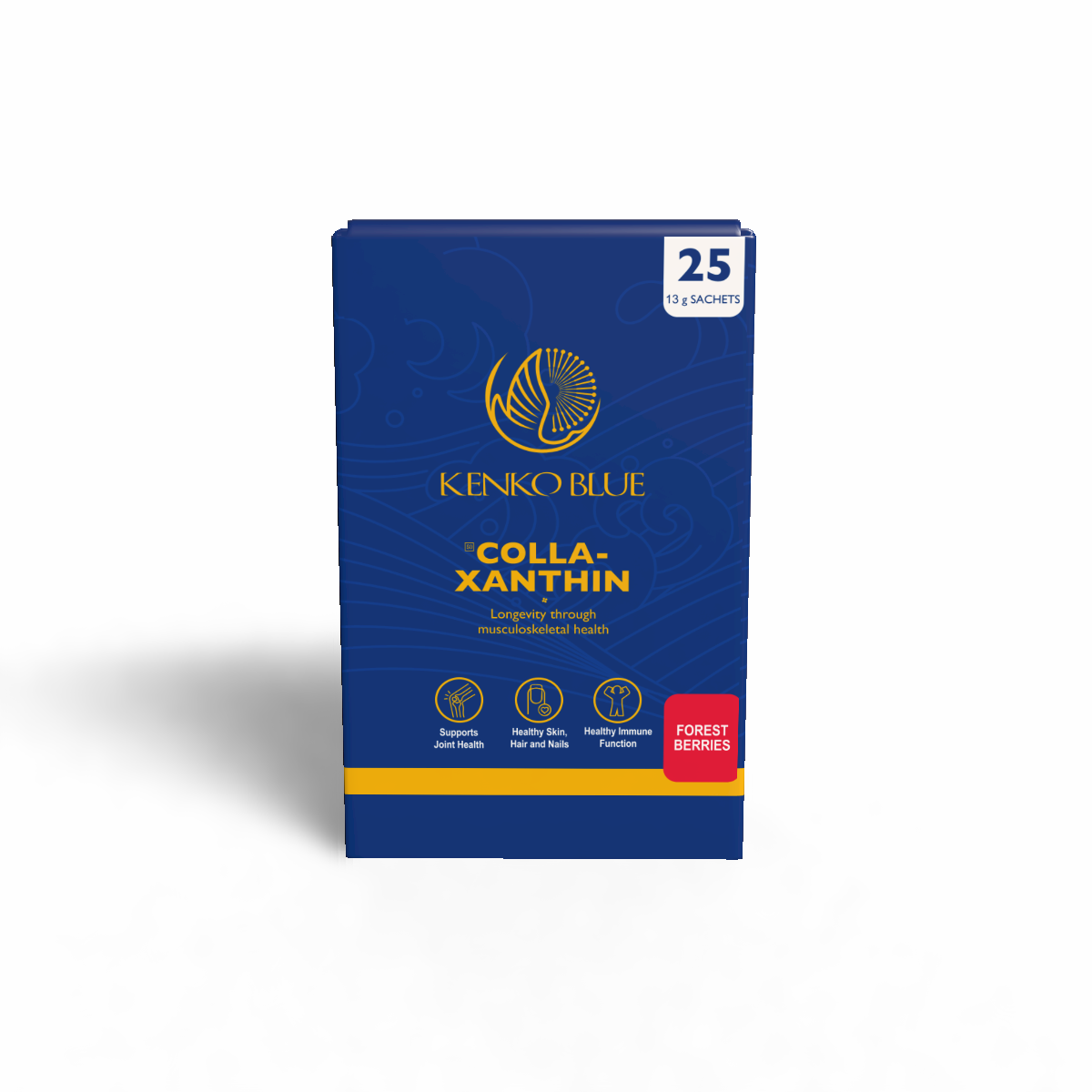 Blue packaging of Kenko Blue Colla-Xanthin Forest berries on a white background