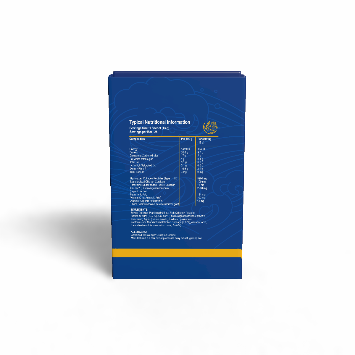 Blue product packaging with nutritional information on a white background