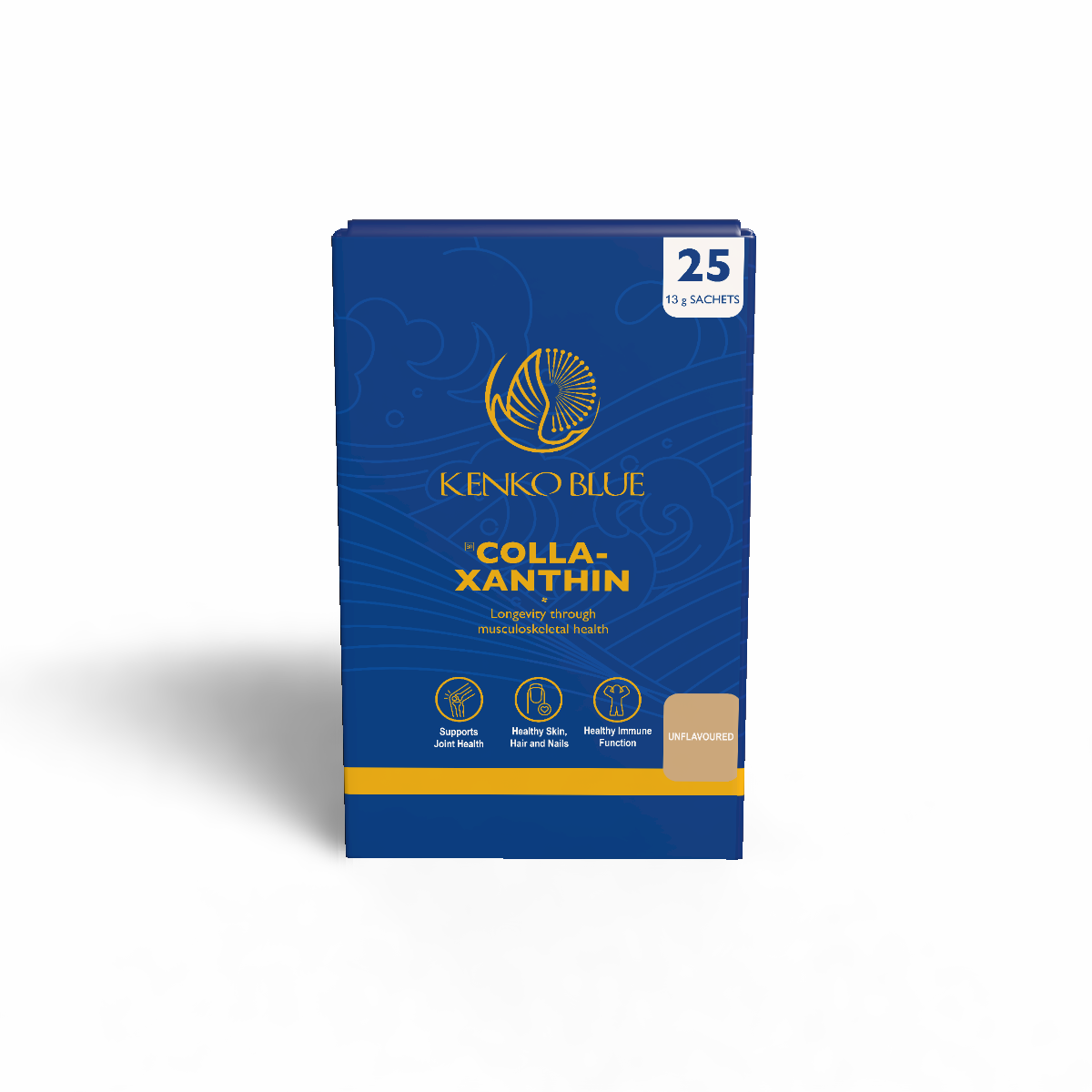 Blue packaging of Kenko Blue Colla-Xanthin unflavoured on a white background