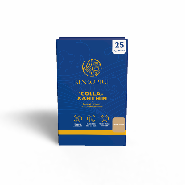 Blue packaging of Kenko Blue Colla-Xanthin unflavoured on a white background