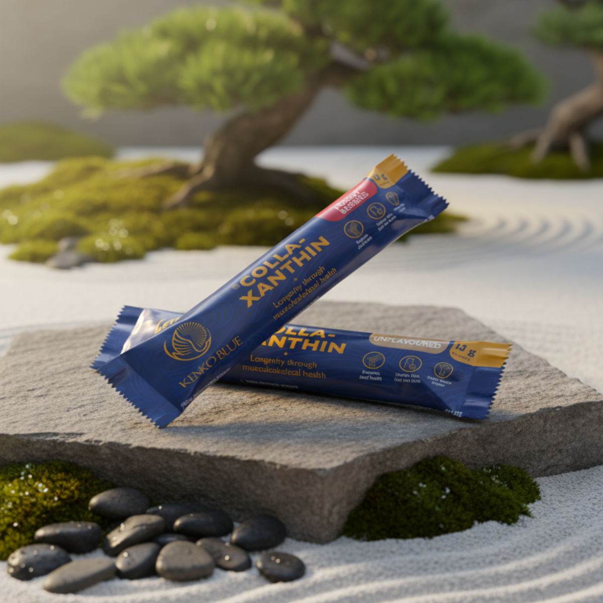 Two 'Colla-XanThin' packets on a stone with a natural background