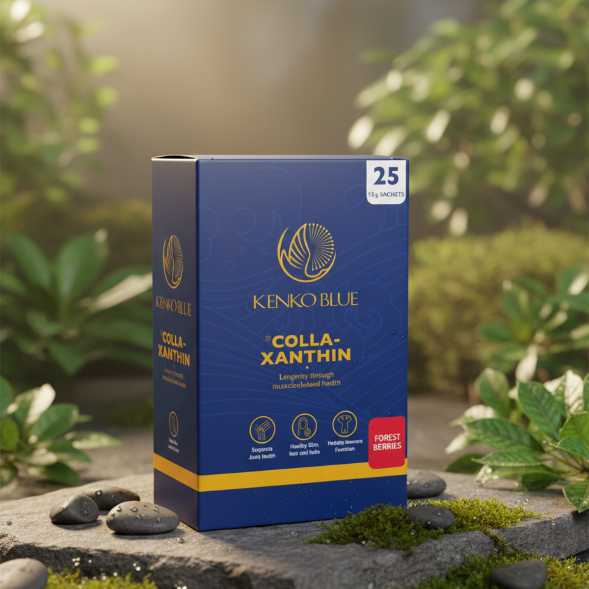 Blue box of Kenko Blue Colla-Xanthin supplement on a stone surface with greenery in the background