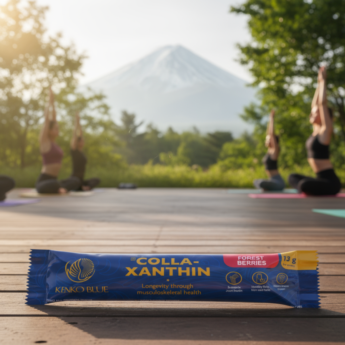 KIENKO BLUE Colla-Xanthin package on a wooden surface with people doing yoga in the background.