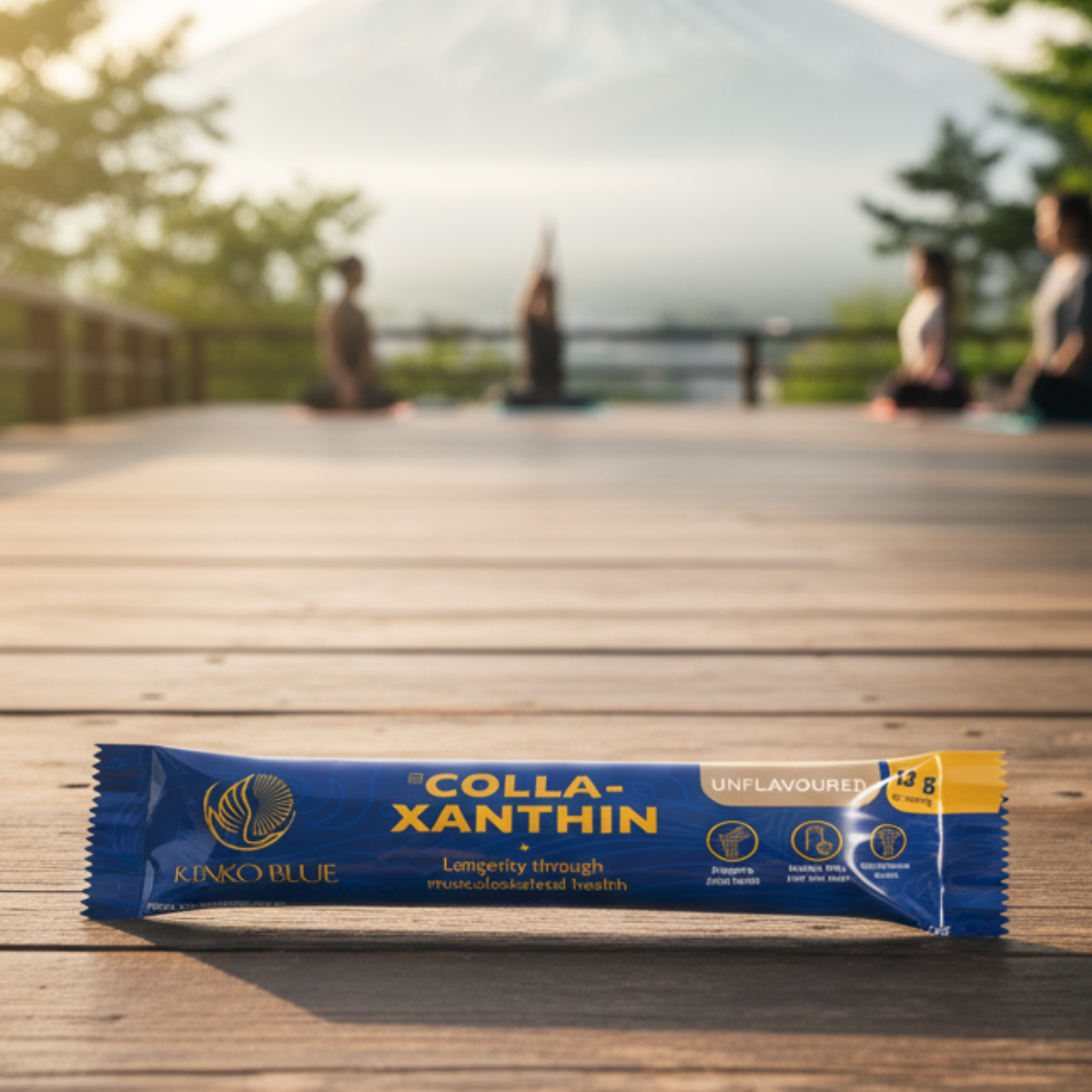 KENKO BLUE COLLA-XANTHIN package on a wooden surface with people practicing yoga in the background.
