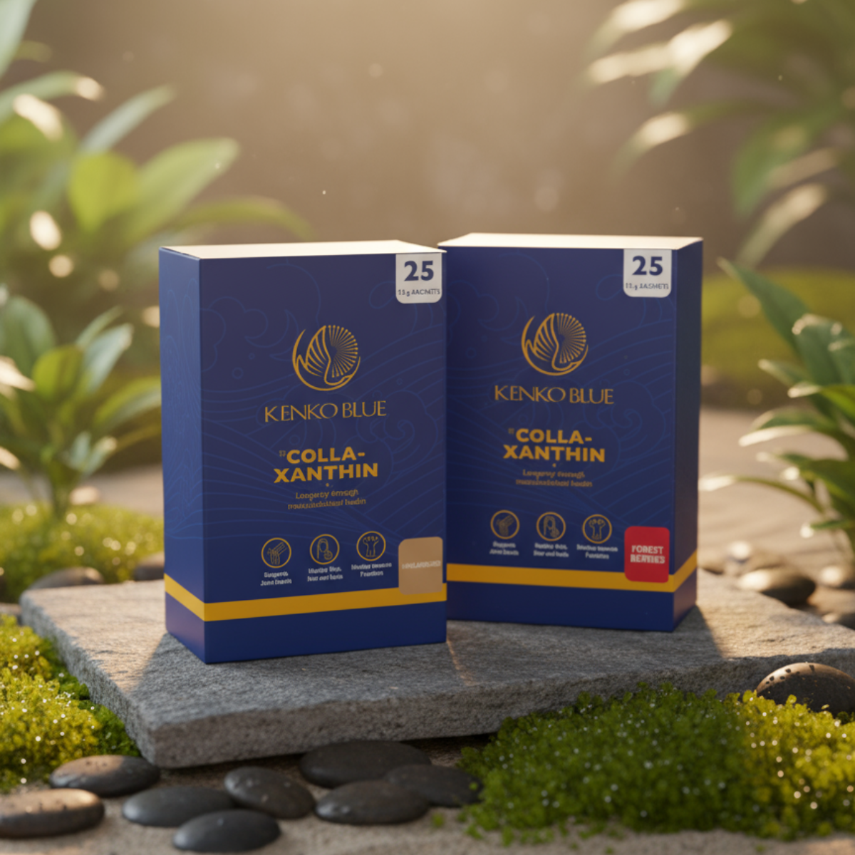 Two blue boxes of Kenko Blue Colla-Xanthin on a stone surface with a natural background.