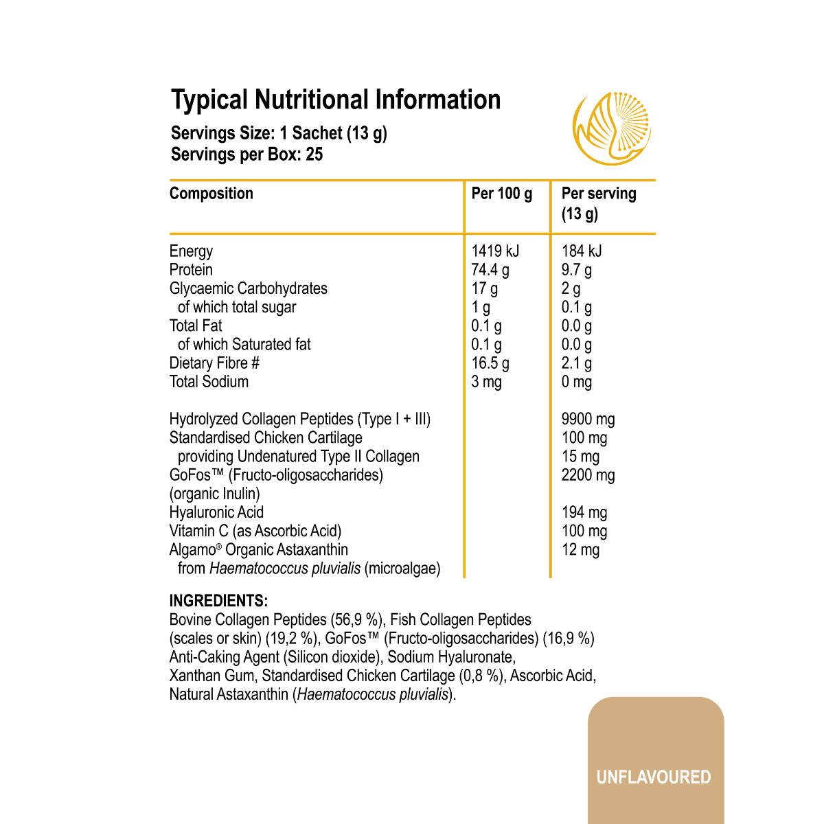 Nutritional information label for a product with a brand logo on a white background