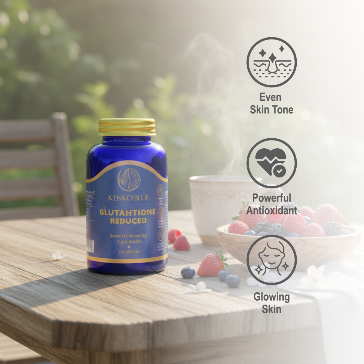 Blue supplement bottle on a wooden table with outdoor background