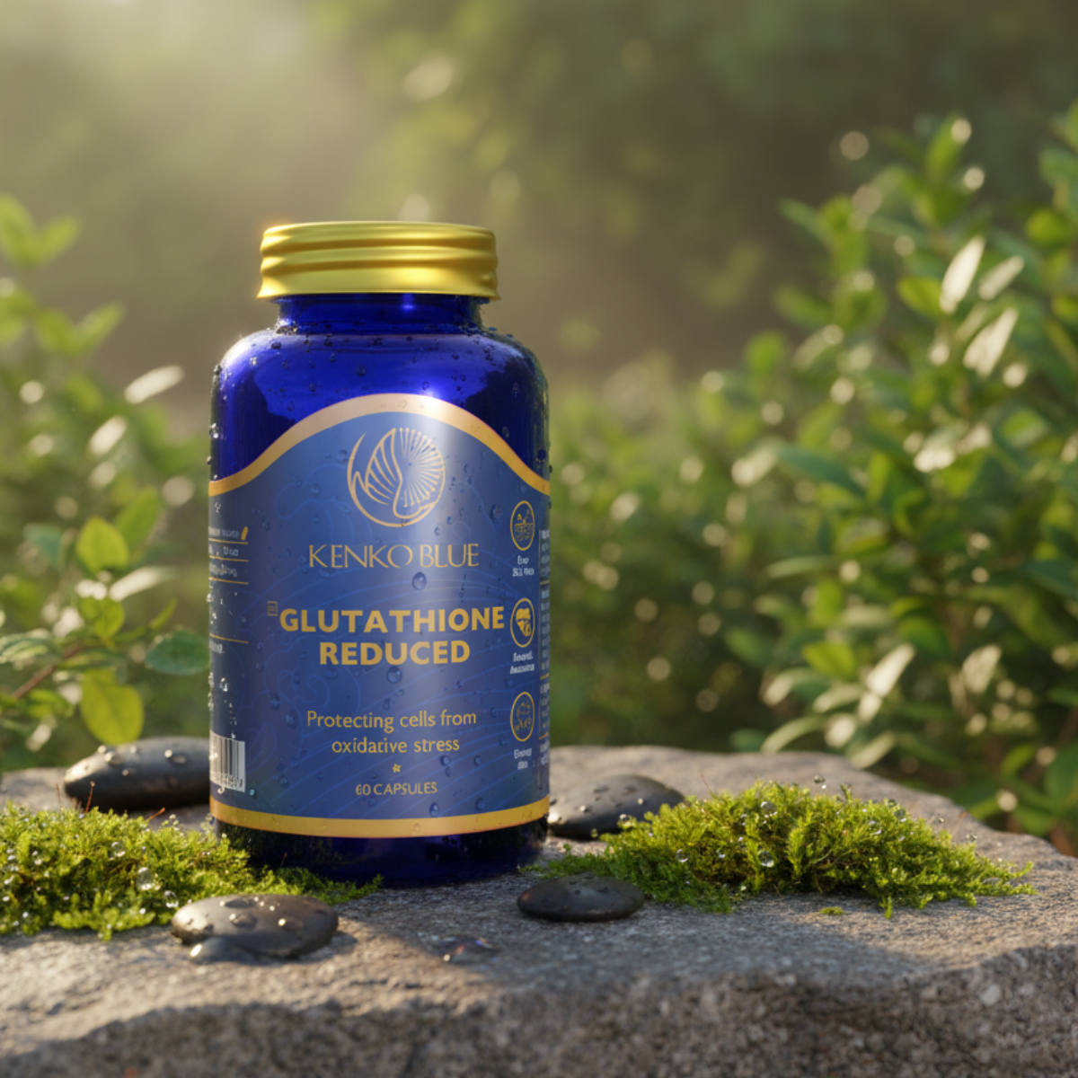 Blue supplement bottle labeled 'Glutathione Reduced' by Kenko Blue on a stone surface with greenery in the background.