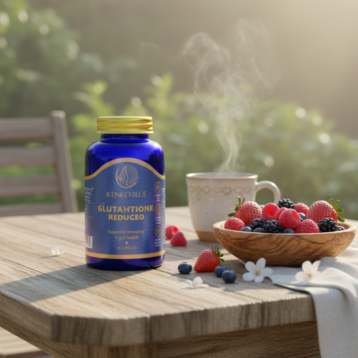 Glutathione Reduced supplement bottle on a table with berries and a mug.