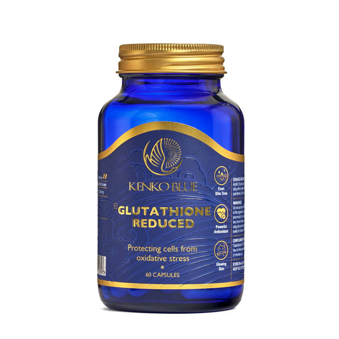 Blue supplement bottle with gold cap labeled 'Kenko Blue Glutathione Reduced' on a white background