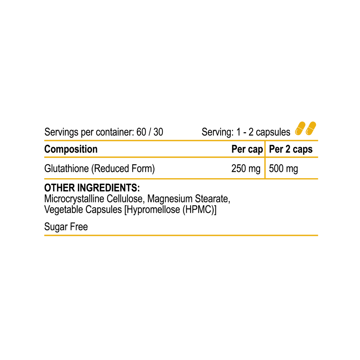 Nutritional label for a supplement with glutathione content and serving information.