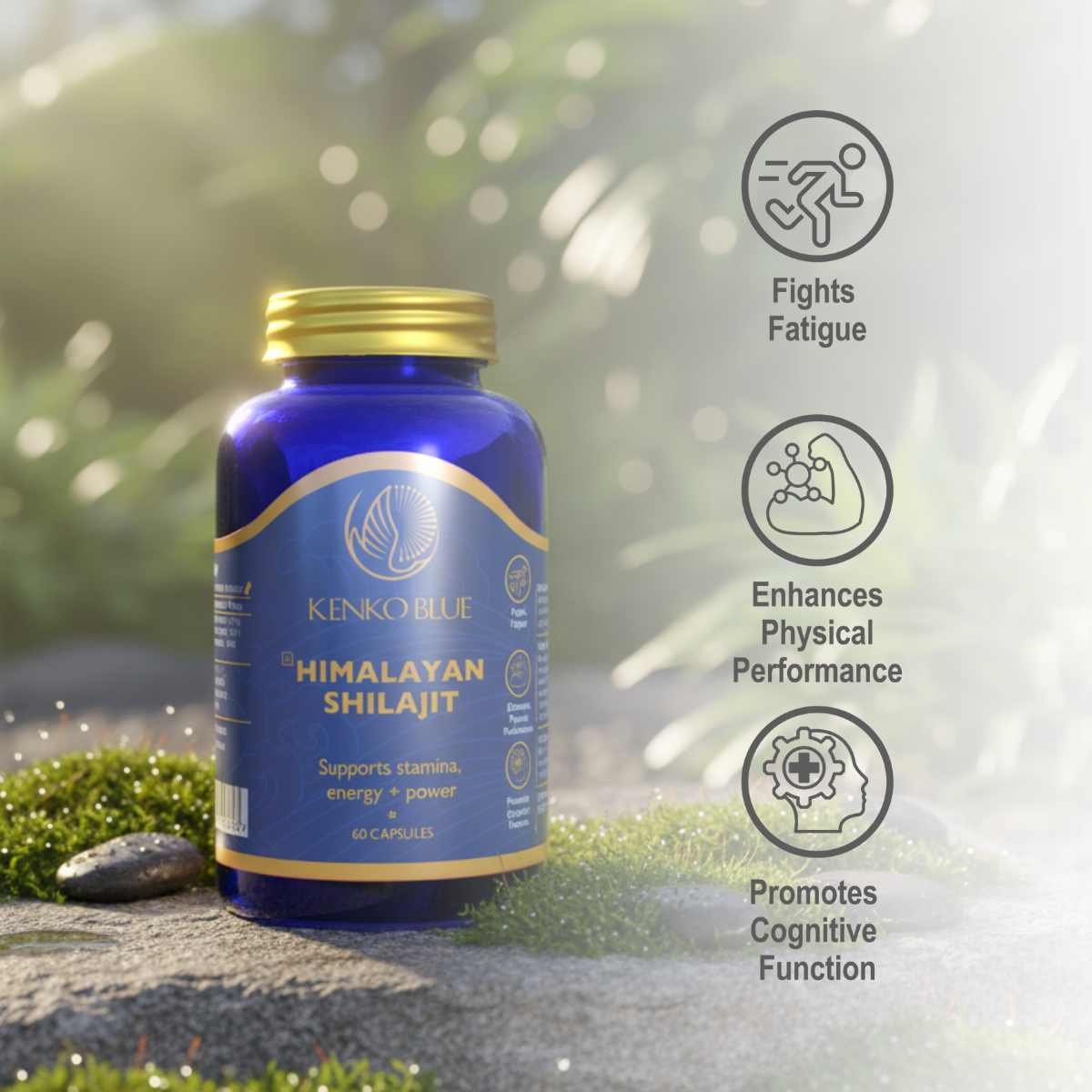 Blue bottle of Kenko Blue Himalayan Shilajit with greenery in the background