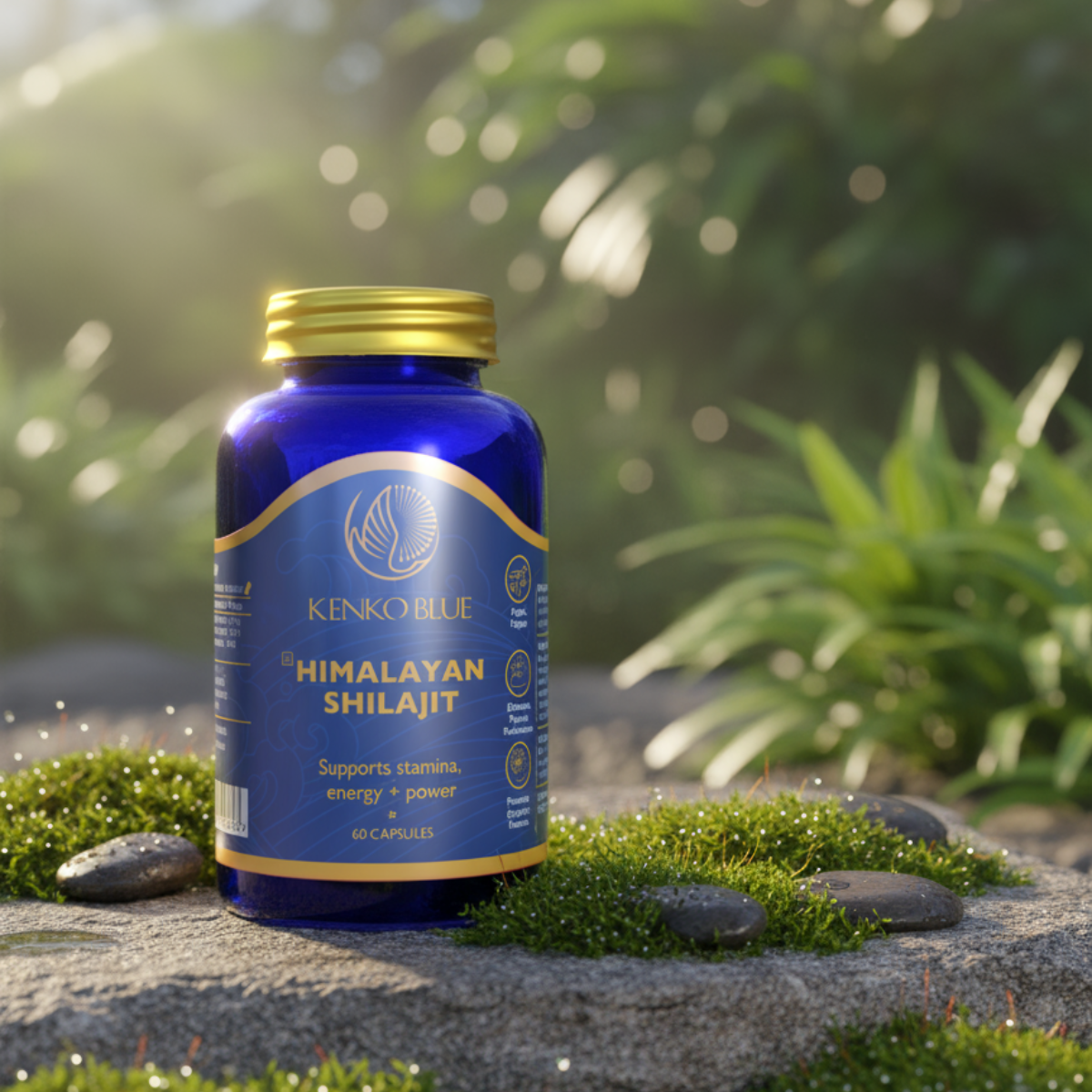 Blue bottle of Kenko Blue Himalayan Shilajit on a natural background with greenery.