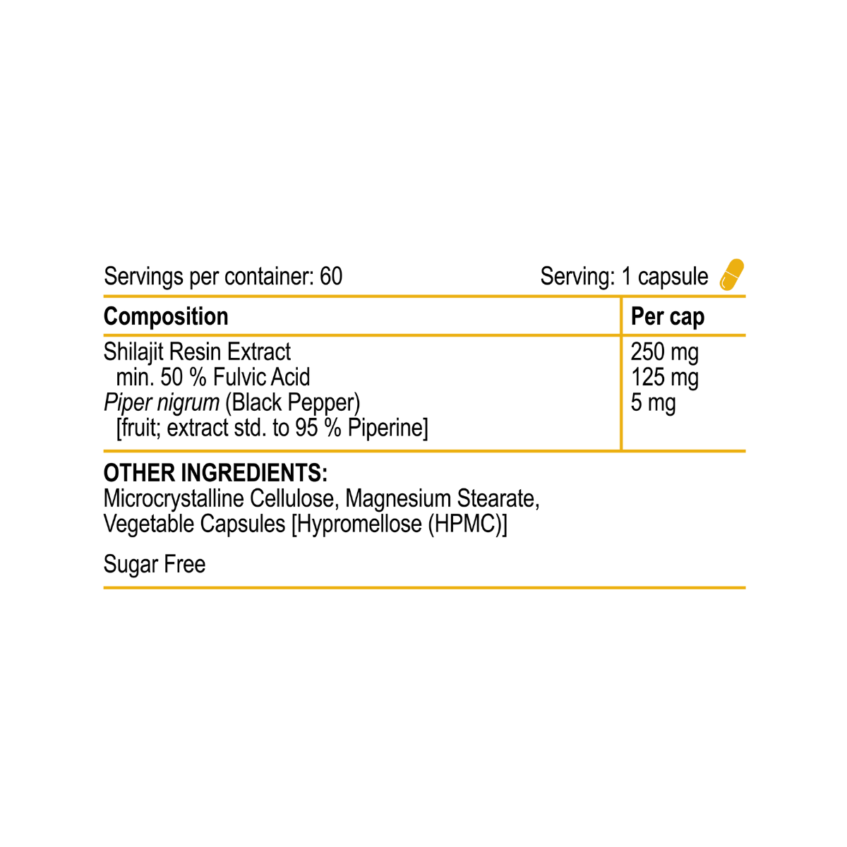 Nutritional label for a capsule product with ingredients and serving size details.