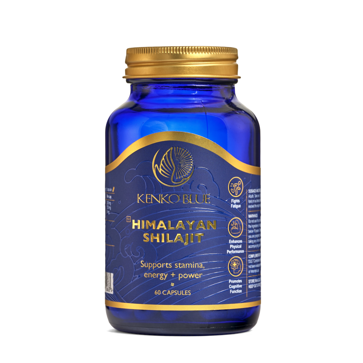 Blue bottle of Kenko Blue Himalayan Shilajit with gold accents on a white background