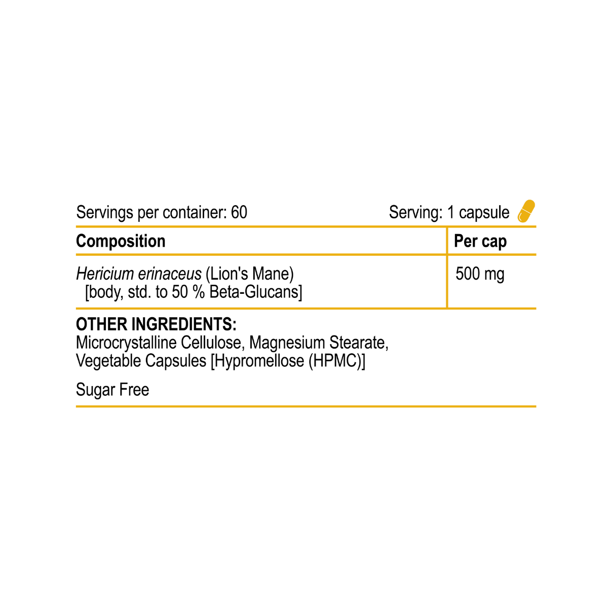 Nutritional label for a supplement containing Hericium erinaceus with serving size and other ingredients listed.