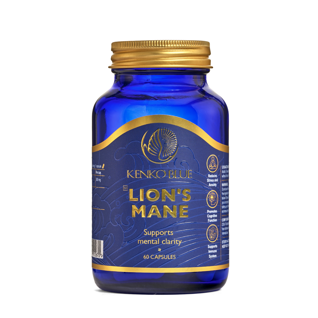 Blue bottle of Kenko Blue Lion's Mane supplement with gold accents on a white background
