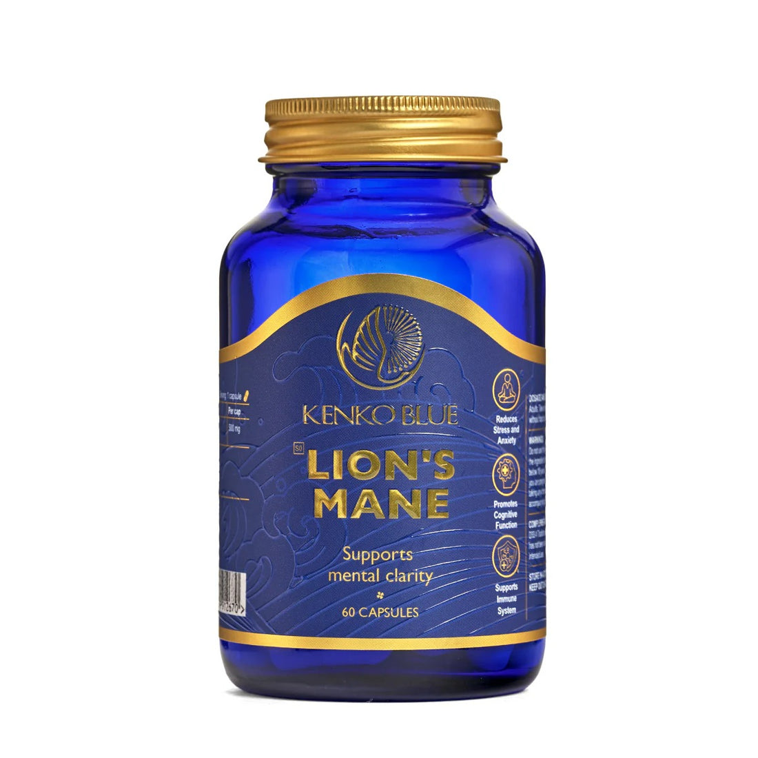 Blue supplement bottle labeled 'Ashwa-Gandha' with gold accents on a white background