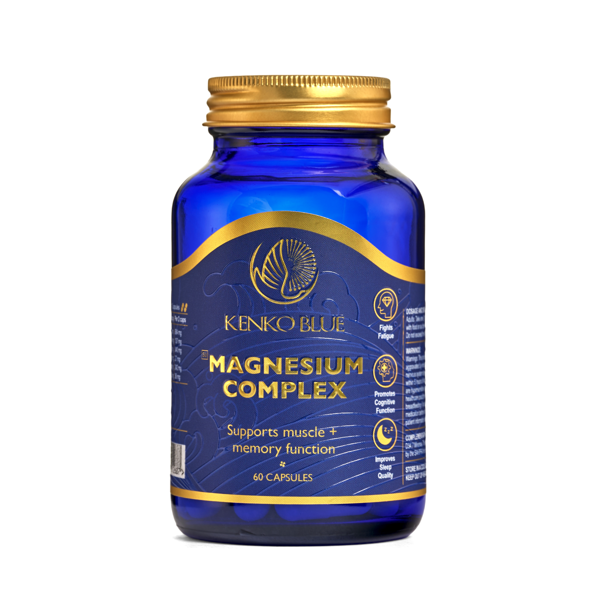 Blue bottle of Kenko Blue Magnesium Complex with gold cap on a white background