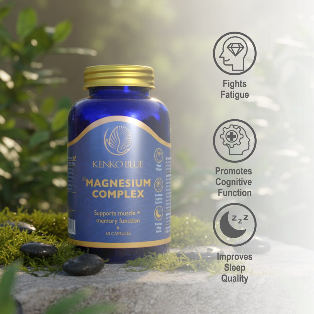 Blue bottle of Kenko Blue Magnesium Complex with gold cap on a white background