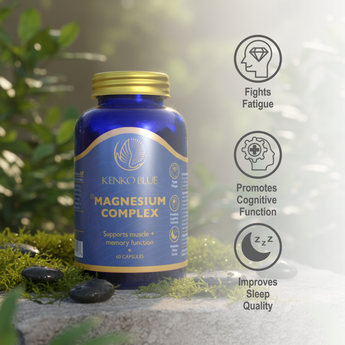 Blue bottle of Kenko Blue Magnesium Complex with greenery in the background
