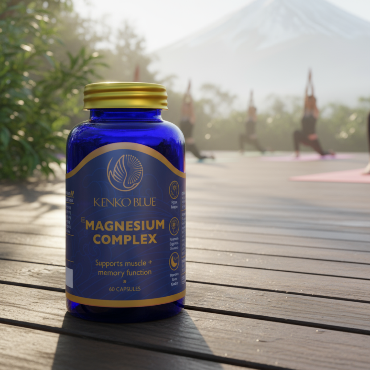 Blue bottle of Kenko Blue Magnesium Complex on a wooden surface with people exercising in the background.