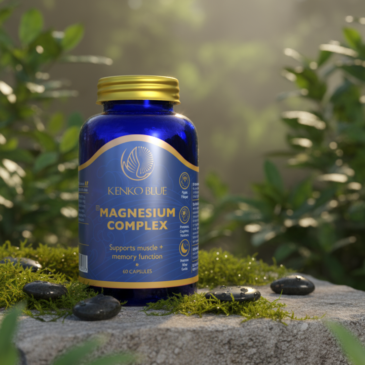 Blue supplement bottle labeled 'Kenko Blue Magnesium Complex' on a natural background with greenery.