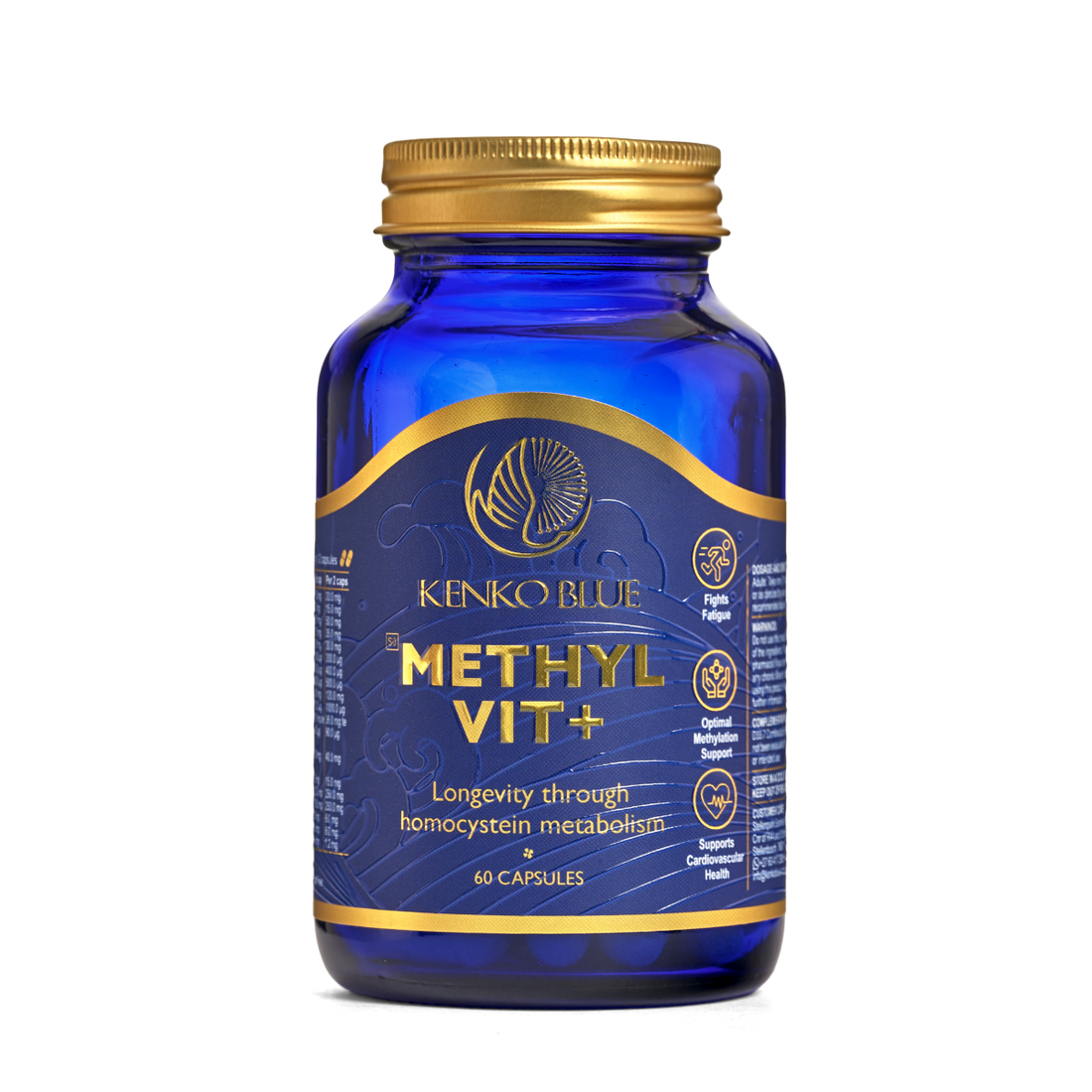 Blue supplement bottle with gold cap labeled 'Methyl Vit+' by Kenko Blue on a white background