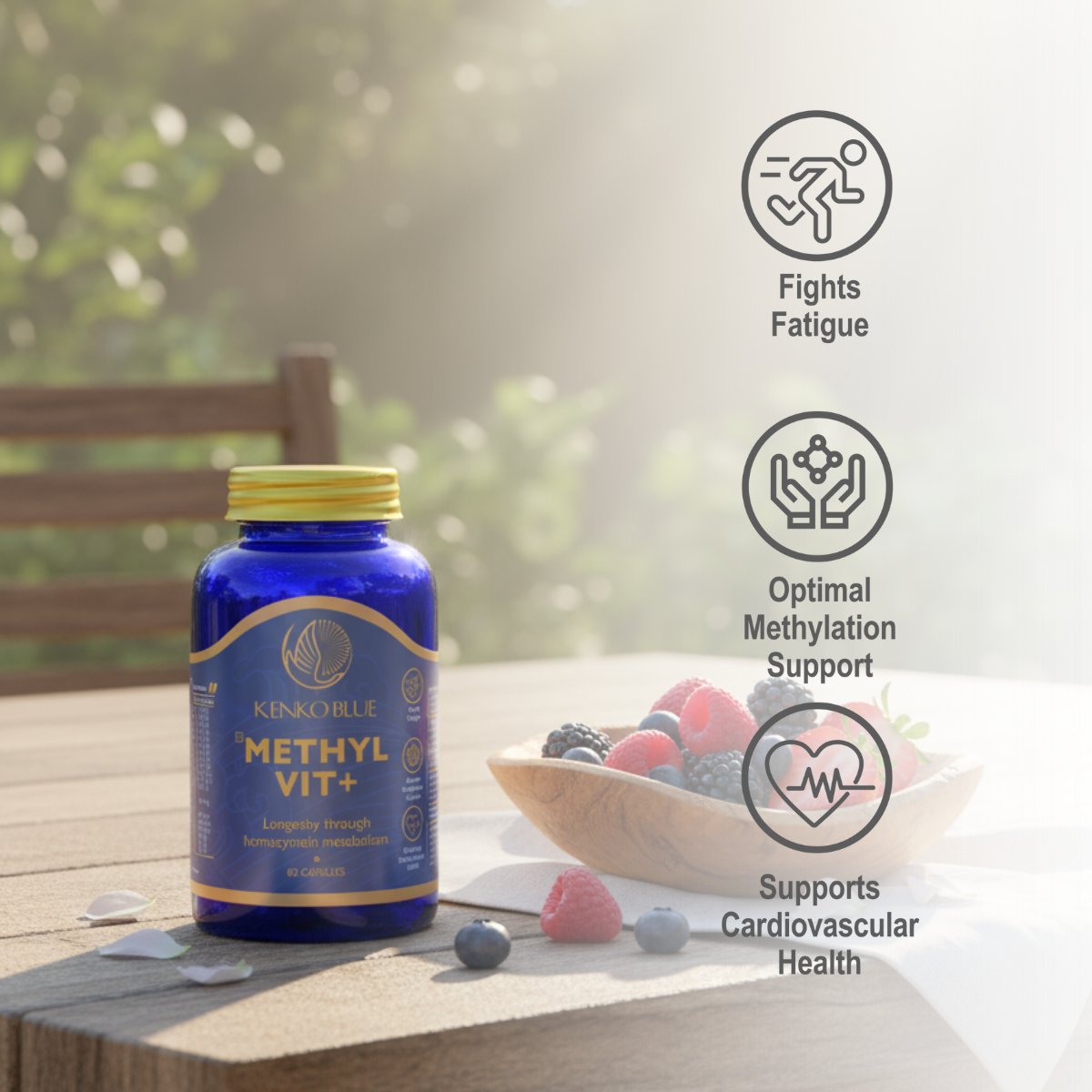 Blue supplement bottle labeled 'Methyl Vit+' on a wooden table with outdoor background