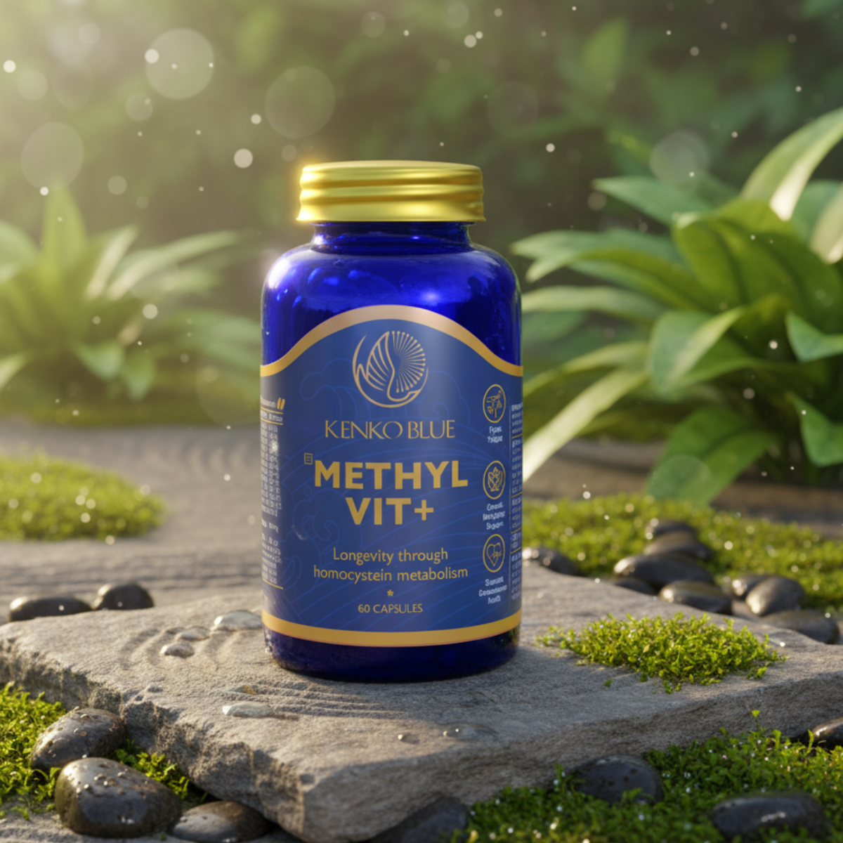 Blue supplement bottle labeled 'Methyl Vit+' by Kenko Blue on a stone surface with greenery in the background