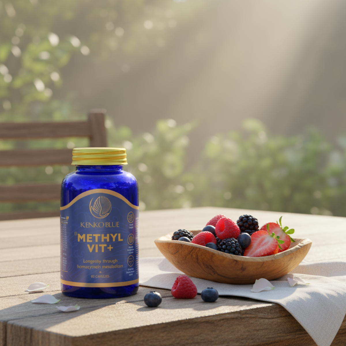 Kenko Blue Methyl Vit+ supplement bottle on a wooden table with a bowl of berries in the background.